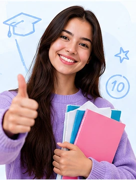 Estudiante sonriendo con el pulgar hacia arriba y varios cuadernos en la mano