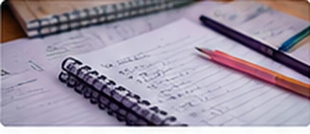 Cuaderno de espiral con apuntes y lápices